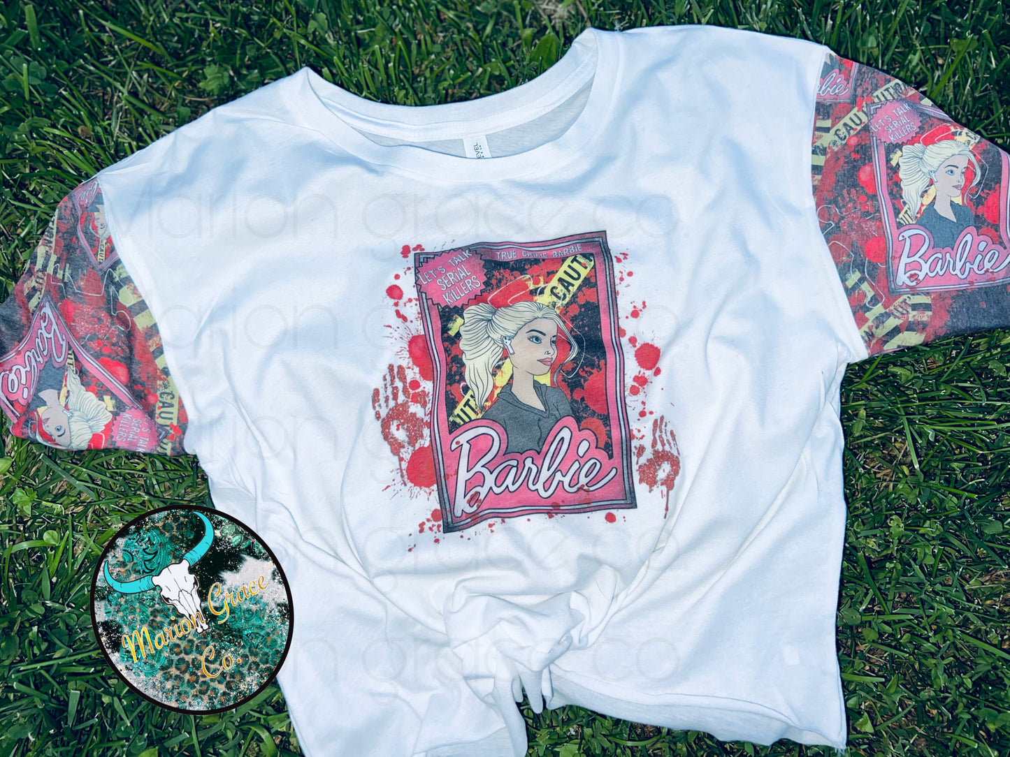 True crime Barbie crop with sleeves